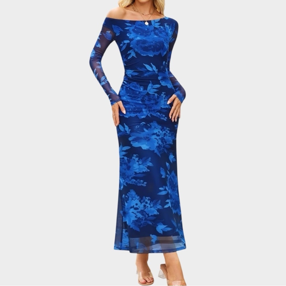 ZESICA Blue Floral Bodycon Dress Size M